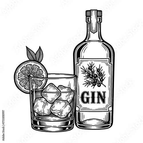 Illustration of a gin bottle and a glass of gin with ice and an orange slice.