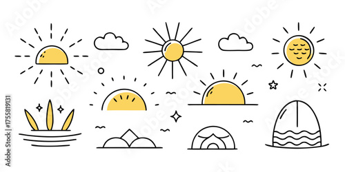 Charming weather icons set featuring sun clouds rainbows and igloos for design elements