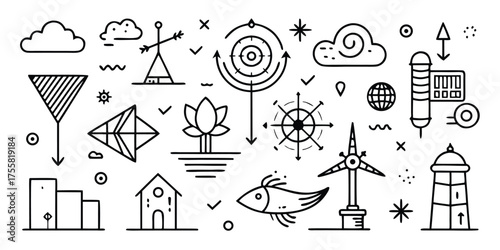 Whimsical doodle collection representing weather nature environment and industry icons