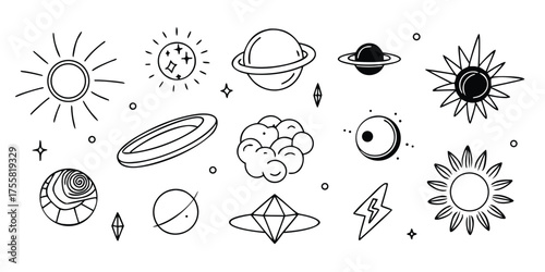 Celestial wonders and cosmic symbols artistic collection of planets stars and gems hand drawn style