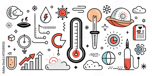 Creative doodle icons representing weather climate temperature and science concepts
