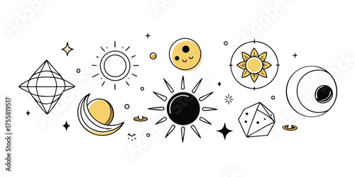Celestial symbols and cosmic icons hand-drawn style for astrological and mystical themes