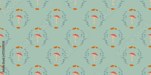 Tableau sur toile Red fly agaric mushroom, autumn leaves, and blue flowers