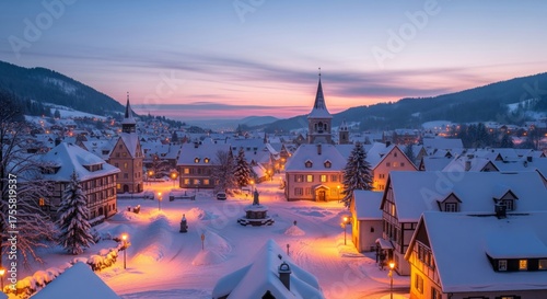Snow Covered Village Scene at Dusk with Illuminated Buildings