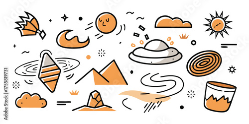 Whimsical hand-drawn weather icons collection featuring sun clouds mountains ufos and more