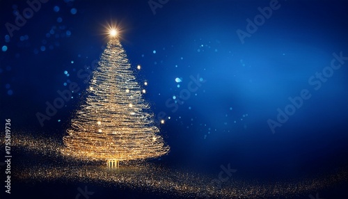 Christmas Tree In Shiny Night Golden Glittering In Abstract Blue Background