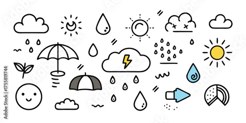 Hand drawn weather icons featuring clouds rain sunshine umbrella and lightning bolt symbols