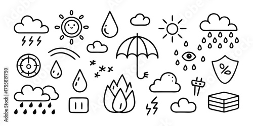 Hand-drawn weather icons depicting rain sun clouds lightning umbrella fire and more meteorological elements