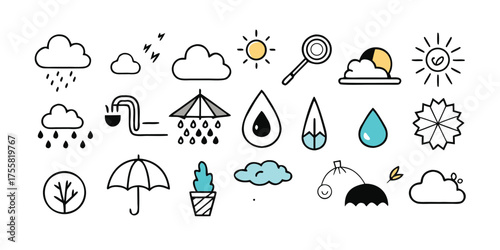 Collection of hand-drawn weather icons symbols including rain clouds sun and umbrella