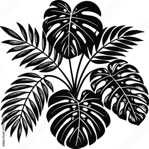 Black and white floral palm tree silhouette pattern