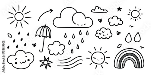 Hand-drawn weather icons collection featuring sun clouds rain umbrella rainbow and wind for kids