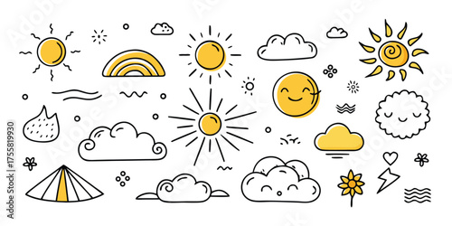Whimsical weather icons featuring sun clouds rainbow and more fun elements