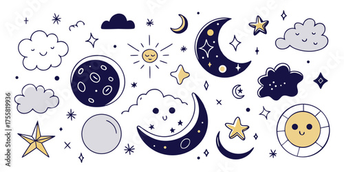 Whimsical celestial collection featuring moon sun stars clouds and cute elements