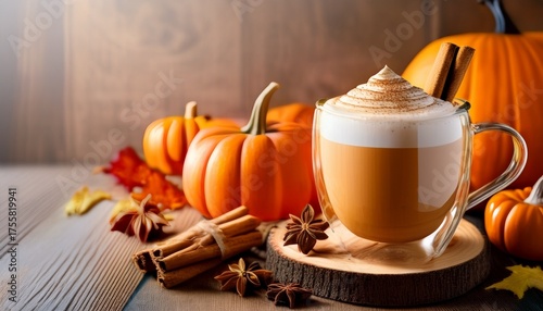 Pumpkin Pie Spices Latte Drink Cosy Autumn Coffee Drink Orange Pumpkin Cinnamon Wooden Rustic Background