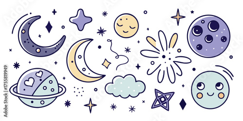 Whimsical cosmic collection featuring planets moons stars clouds and celestial objects