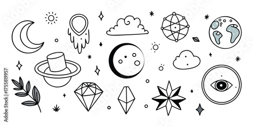Cosmic celestial elements collection mystical symbols planets moon stars gems clouds dreamcatcher eye