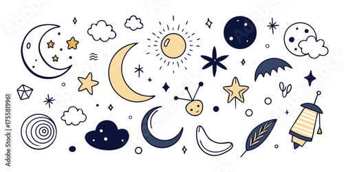 Whimsical celestial elements collection featuring moons stars clouds sun and planets