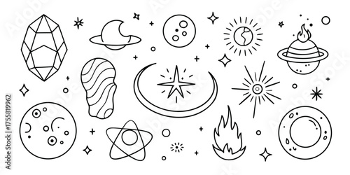 Cosmic celestial elements collection hand-drawn style featuring planets moons sun crystals