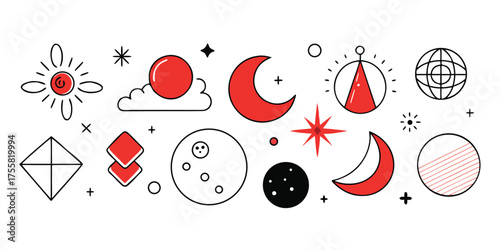 Celestial icons collection sun moon stars clouds geometric shapes abstract art sky elements