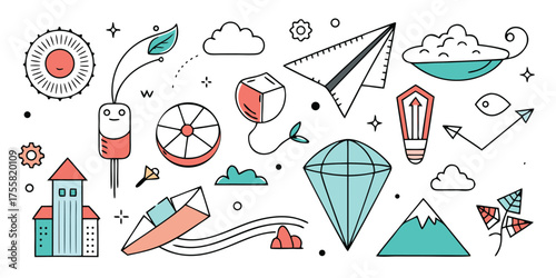 Whimsical hand-drawn elements featuring dreams ideas travel and adventure symbols