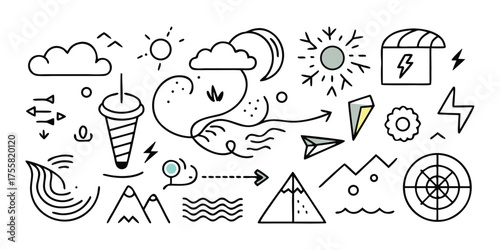 Collection of hand-drawn weather symbols including clouds sun moon lightning and mountains