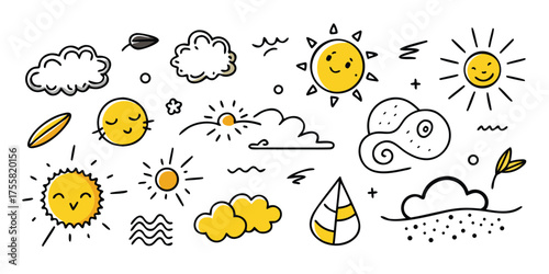 Doodle weather icons featuring sunny skies clouds raindrops and plants in a whimsical style