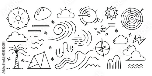 Collection of hand-drawn weather icons symbols and meteorology elements for weather forecasting