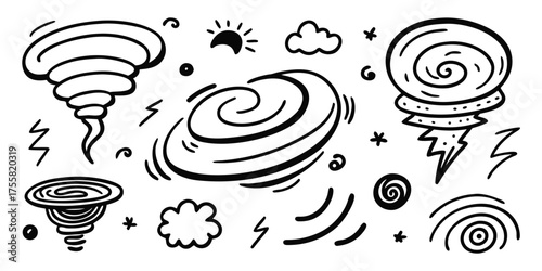 Doodle-style weather icons including tornadoes hurricanes lightning sun clouds and wind strokes
