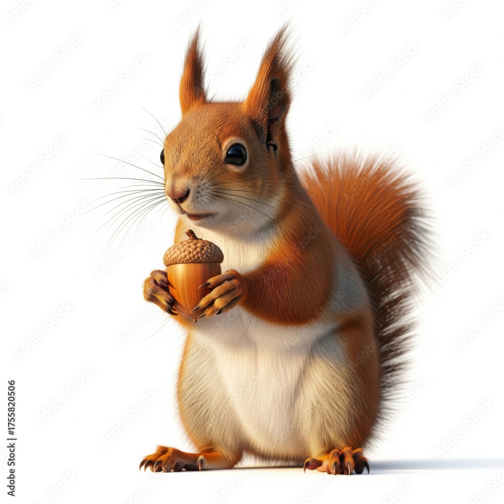 Obraz premium Squirrel Holding Acorn Against White Background in Studio Lighting
