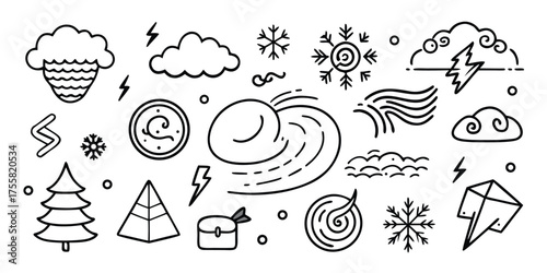 Hand drawn weather icons collection featuring clouds rain snow lightning wind and sun symbols