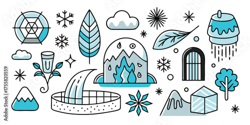Whimsical hand drawn winter elements collection featuring snowflakes mountains clouds and trees