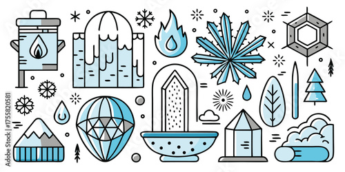Whimsical winter wonderland elements collection snowflakes ice and cold weather symbols