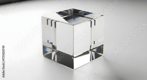 Transparent Glass Cube on Reflective Surface with Light Refractions