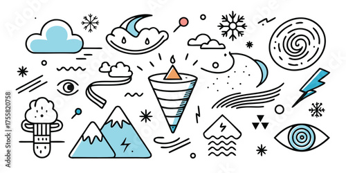 Collection of weather icons featuring clouds mountains tornado lightning snowflakes and eye symbols