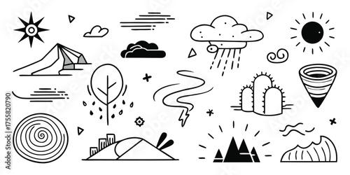 Collection of hand-drawn icons representing various weather phenomena and natural disasters