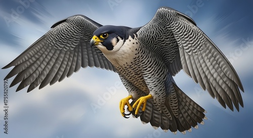 Peregrine Falcon in Flight with Extended Talons Against Cloudy Sky