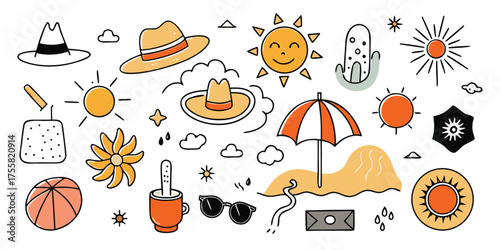 Summer beach vacation elements collection sunglasses hat umbrella sun flower drink ice cream beach
