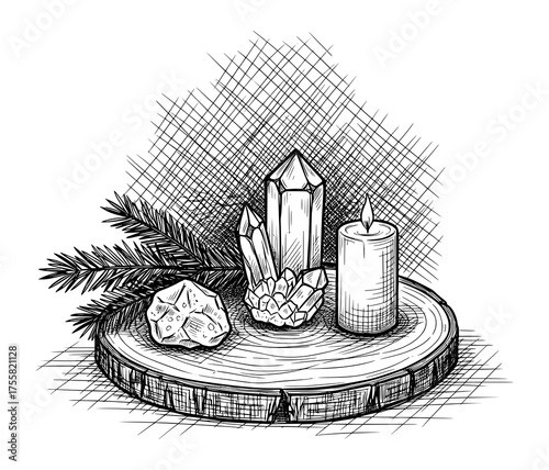 Hand-Drawn Crystal and Candle Arrangement in Engraving Style. Vector Illustration for Mindful Living.