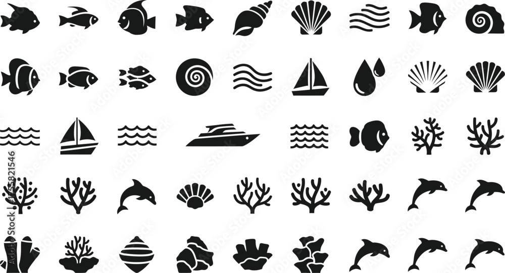 Naklejka premium Collection of marine life and nautical icons including fish shells coral waves sailboats and dolphins isolated on transparent background