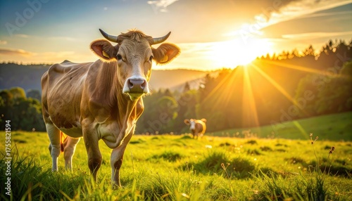 A horned cow in a lush green field during a golden sunset over rolling hills