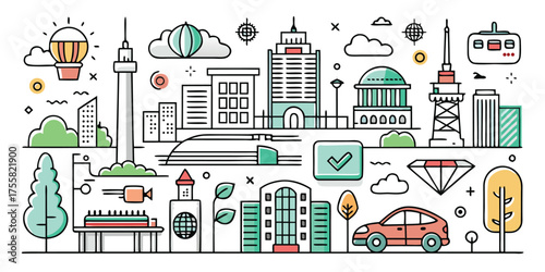 Modern cityscape panorama with transportation icons and landmarks artistic design