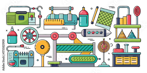 Collection of colorful abstract objects and equipment with a scientific and mechanical theme