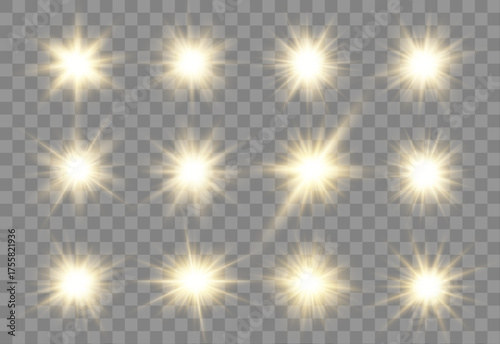 Gold sparkles radiate outward with glowing beams. Particles shimmer with energy and movement. Perfect for motion graphics and dynamic digital art.