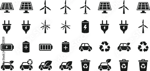 Collection of eco friendly energy and transportation icons isolated on transparent background