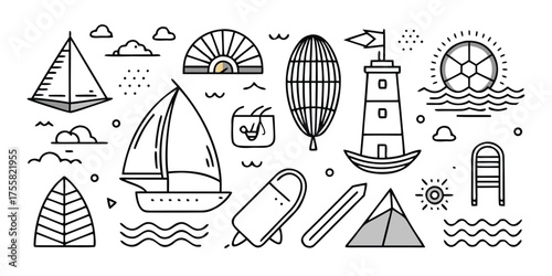 Nautical adventure sketch collection featuring sailboats lighthouse and ocean elements
