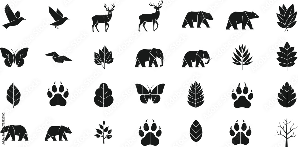 Naklejka premium Collection of silhouette icons representing wildlife and nature elements isolated on transparent background