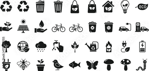 Collection of eco friendly and sustainability icons representing nature recycling and green energy isolated on transparent background
