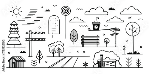 Whimsical line art park elements featuring trees benches and signs for outdoor adventures
