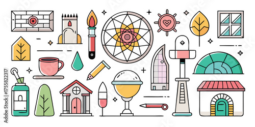 Whimsical doodle collection featuring travel adventure and cozy home elements