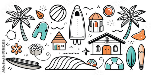 Tropical beach vacation elements hand drawn art collection palm trees houses surfboards and more